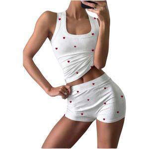 SOLY HUX Women's Summer 2 Piece Outfits Heart Print Sleeveless Tank Tops and Shorts Matching Set Lounge Set (White, M)