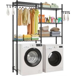VEVOR Over The Washer and Dryer Storage Shelf, 5 Tier Laundry Room Drying Rack with Hanger Rod and Hooks, Adjustable Over Washer and Dryer Shelves, Laundry Room Shelf Storage Space Saver, Black