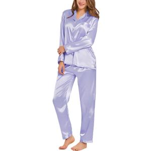 SWOMOG Long Sleeve Pajamas Set Silk Satin Sleepwear Button Down Pjs Loungewear with Pocket (Large, Lavender)