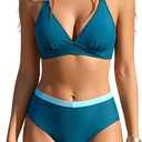 B2prity Bikini Sets for Women Tummy Control Two Piece Swimsuit Color Block V Neck Bathing Suit with Coverage Swim Bottom, Large