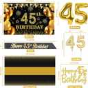 45th Birthday Decorations Men Women with 45th Birthday Banner, Black and Gold Table Cloth, Number Balloons, Large Sash, Cake Topper and Candles