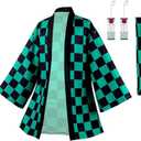 IOONCHI Tanjirou Robe Adult Green Plaid Cloak Kamado Tanjirou Cosplay Costume Color Block Kimono Cardigan Jacket Earrings Set (Large)