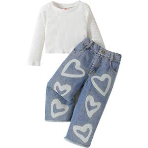 Toddler Girls Clothes Ribbed Baby Kids Girl Denim Outfits Long Sleeve Tops Love Hearts Jeans Pant (6-7 Years, Ivory)