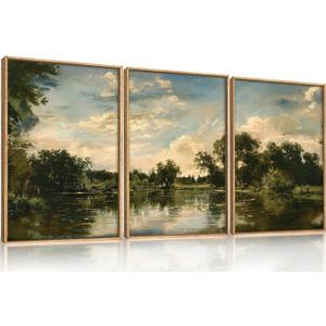 Large Natural Forest and Lake Framed Canvas Wall Art, Modern Countryside Wall Decor, Vintage Neutral Landscape Artwork, Rustic Antique Scenery Art Print for Living Room,Bedroom, Office- 16"x24"x3