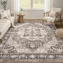 Area Rug 7x9 Washable Vintage - Soft Traditional Rugs for Living Room Large Non Slip Backing with Low Pile Farmhouse Oriental Retro Carpet for Bedroom Dining Room or Home Office - Dark Brown