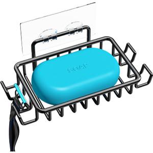 Nieifi Soap Dish Holder with 4 Hooks Stainless Steel Black Adhesive for Shower, Bathroom (1 Pack)