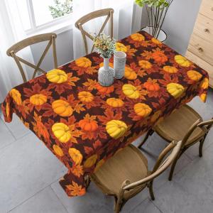 Fall Rectangle Tablecloth, Watercolor Leaves and Pumpkins on Brown Kitchen Decorative Washable Table Cloth, Tablecloths for Dining Room Picnic Party, 60x84 Inch