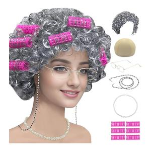 Old Lady Wig Costume Set, 8 Pcs Granny Cosplay Wig with Cane Grandmother Wig Granny Glasses Eyeglass Chain Pearl Necklace Bracelet Earrings for Halloween Christmas Costume Cosplay (Gray Curly Wig)