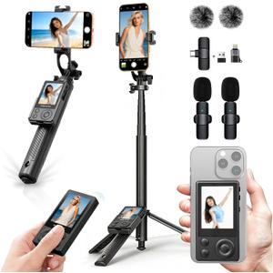 Wireless Selfie Monitor Vlogging Kit with Microphone, 65in Extendable Phone Tripod Selfie Stick, Magnetic Back Camera Monitor, 164ft Stable Wireless Casting, No Lag No Overheating for iPhone & Android