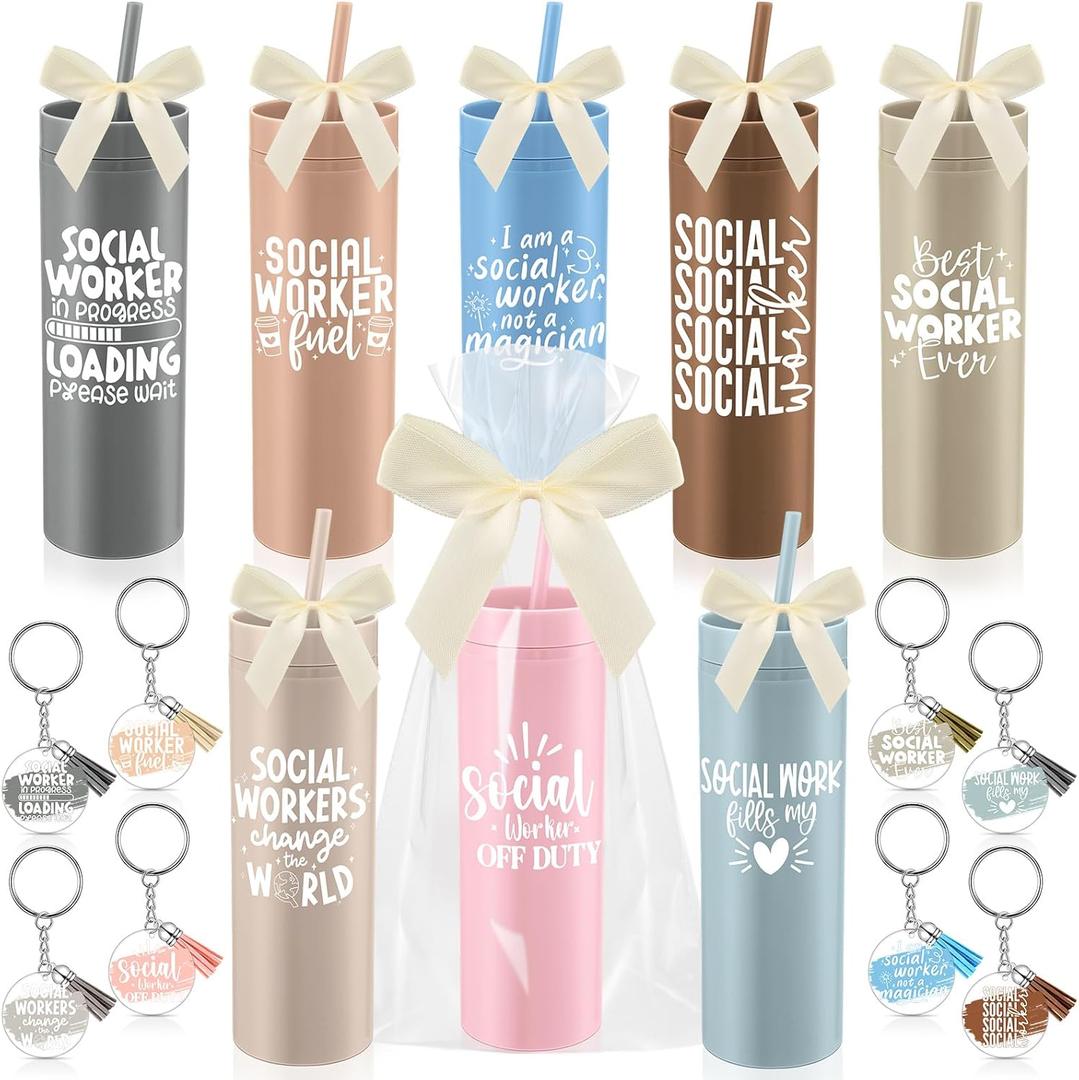 Honeydak 8 Pcs Social Worker Appreciation Week Gifts 16oz Plastic Cups with Lids and Straws Keychains Bow OPP Packaging Bag Social Worker Graduation Gifts Thank You for Team Staff(Dark,Coffee)
