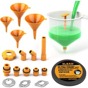 ELEAD No-Spill Coolant Funnel Kit - 19-Piece Radiator Funnel burping kit, coolant Bleeder kit, Extra Funnels and Adapters for Universal Vehicle (Multi-use Version Yellow)