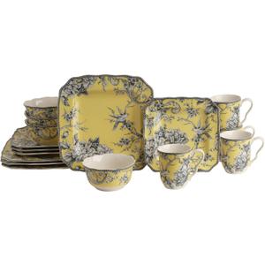 222 Fifth Adelaide Yellow 16-Piece Floral Porcelain Dinnerware Set | Microwave and Dishwasher Safe Dining Set for 4 | Stackable & Chip-Resistant Plates Bowls and Cups | Gift for Housewarming & Wedding
