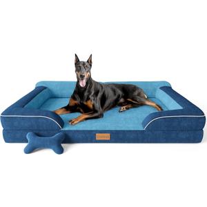 CWAWZ XXL Dog Bed for Extra Large Dogs, Giant Orthopedic Dog Bed with Cooling Gel Memory Foam, Waterproof Pet Bed with Removable Washable Cover, 53" Pet Sofa Bed Dutch Velvet with Bone Toy, Navy Blue