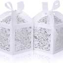 100pcs Laser Cut Favor boxes, Wedding Favors Candy Boxes with Ribbons and Tags, Small Gift Boxes for Wedding,Party,Baby Shower,Bridal Shower (100-2x2x2.76", White)