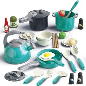 Bruvoalon 32Pcs Kids Play Kitchen Toys Set, Toddlers Pretend Cooking Playset Acccessories with Pots Pans, Utensils Cookware, Foods, Canned Veges, Learning Gift for Kids Girls Boys (Green)