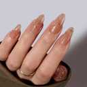BTArtbox Press On Nails Almond - Press On nails with 3D Gold Lines Design, Medium Glue On Nails with Nail Glue, Gold Swirl Stick On Nails in 15 Sizes, Radiant Ribbons