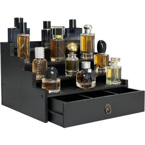 Cologne Organizer for Men, 4-Tier Pine Perfume Display Organizer with Drawer and Removable Compartment, Gift Idea for Men/Dad/Husband (Black)