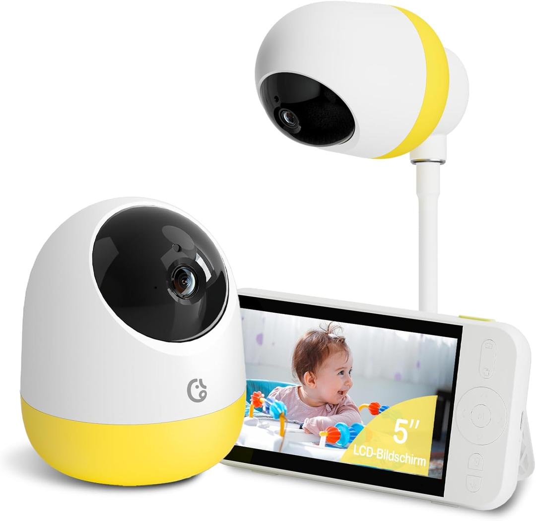Ellie Pro Baby Monitor with Camera and Audio,5'' IPS 2K UHD Resolution,6000mAh Battery, Remote Pan-Tilt-5X Zoom, 2-Way Talk,No WiFi, Night Vision, Virtual Fence 24hr Play Back and 1000ft Range (Yellow1)