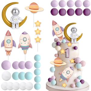 35Pcs Space Cake Topper Outer Space Astronaut Figurine Cake Decorations Planet Rocket Stars Pearl Balls DIY Cake Cupcake Toppers for Boys Girls Kids Space Themed Birthday Baby Shower Party Supplies