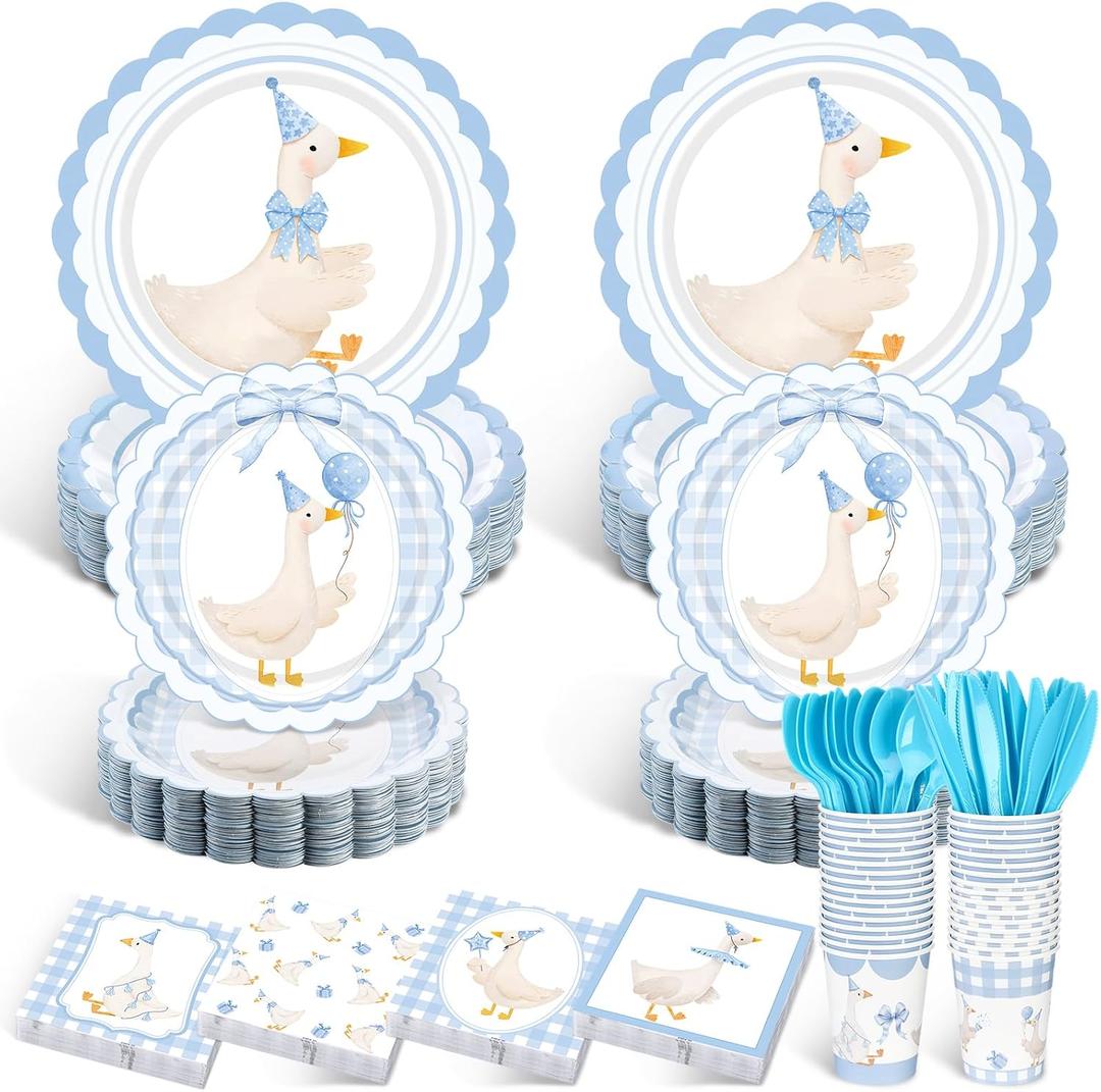 Zhehao 350 Pcs One Silly Goose Birthday Party Tableware Set Blue Bow Scalloped Baby Shower Plates Cup Napkins Forks for Birthday Party Decorations Supplies for 50 Guests