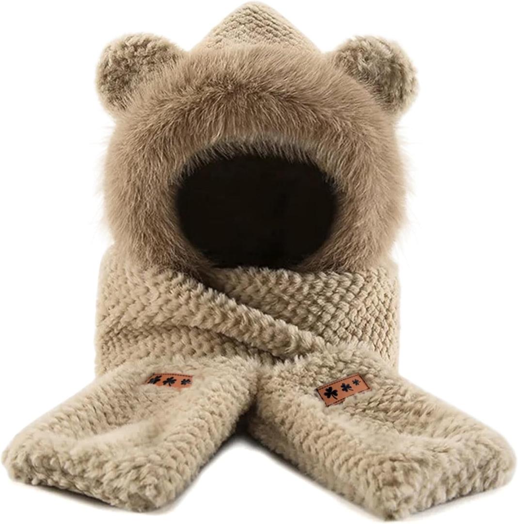Hooded Scarf for Women Winter, Cute Bear Ear Hat Scarf 3 in 1 Faux Fur Gloves Set Soft Thick Warm Hat (Khaki)
