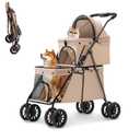 Double Pet Stroller for Medium Small Dogs and Cats with 2 Carriage, Durable Universal Wheels with Brakes Lightweight One Hand Foldale Kittens Puppies Travel Strolling Cart (Brown)