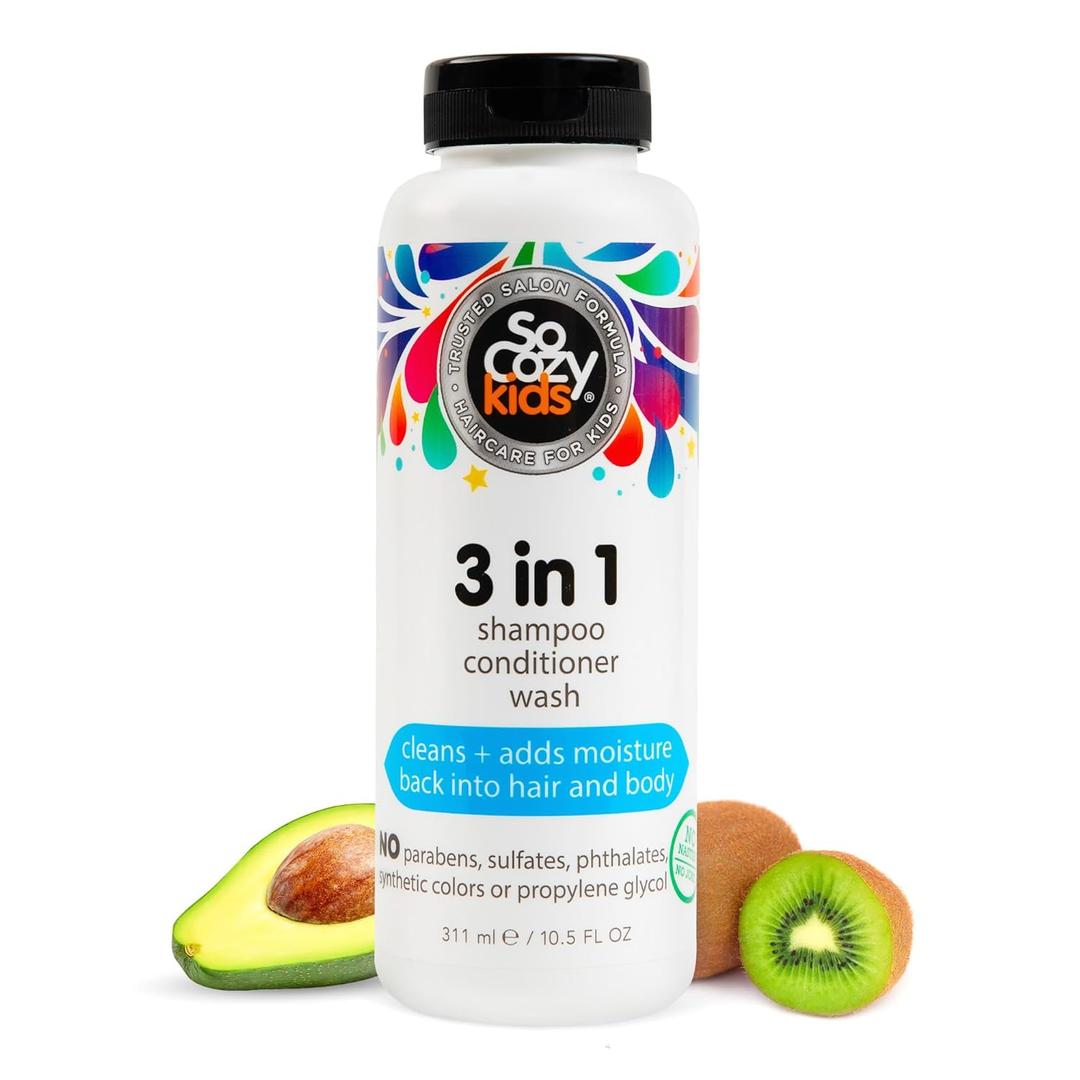 SoCozy 3-in-1 Kids Shampoo + Conditioner + Body Wash (10.5 Fl Oz) Gentle, Hydrating Hair & Body Cleanser with Keratin, Vitamin B5, & Kiwi Extract, Paraben & Sulfate-Free