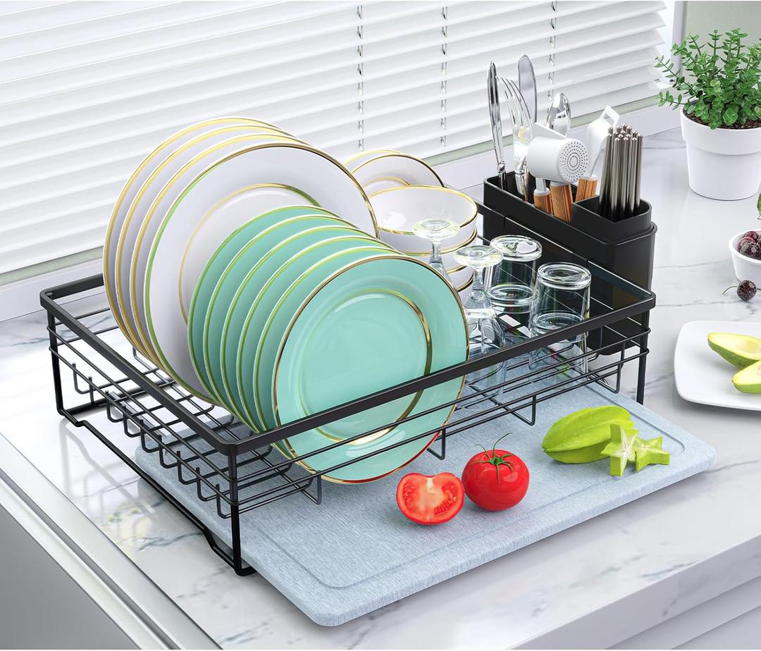 Dish Drying Rack with Stone Drying Mat, Quick-Drying/Stainless/Super Sturdy/Space-Saving, Dish Strainers for Kitchen Counter, Escurridor de Trastes para Cocina (Black)