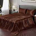 Vonty Satin Sheets King Silky Soft Satin Bed Sheets Brown Sheet Set, 1 Deep Pocket Fitted Sheet + 1 Flat Sheet (76x 80)