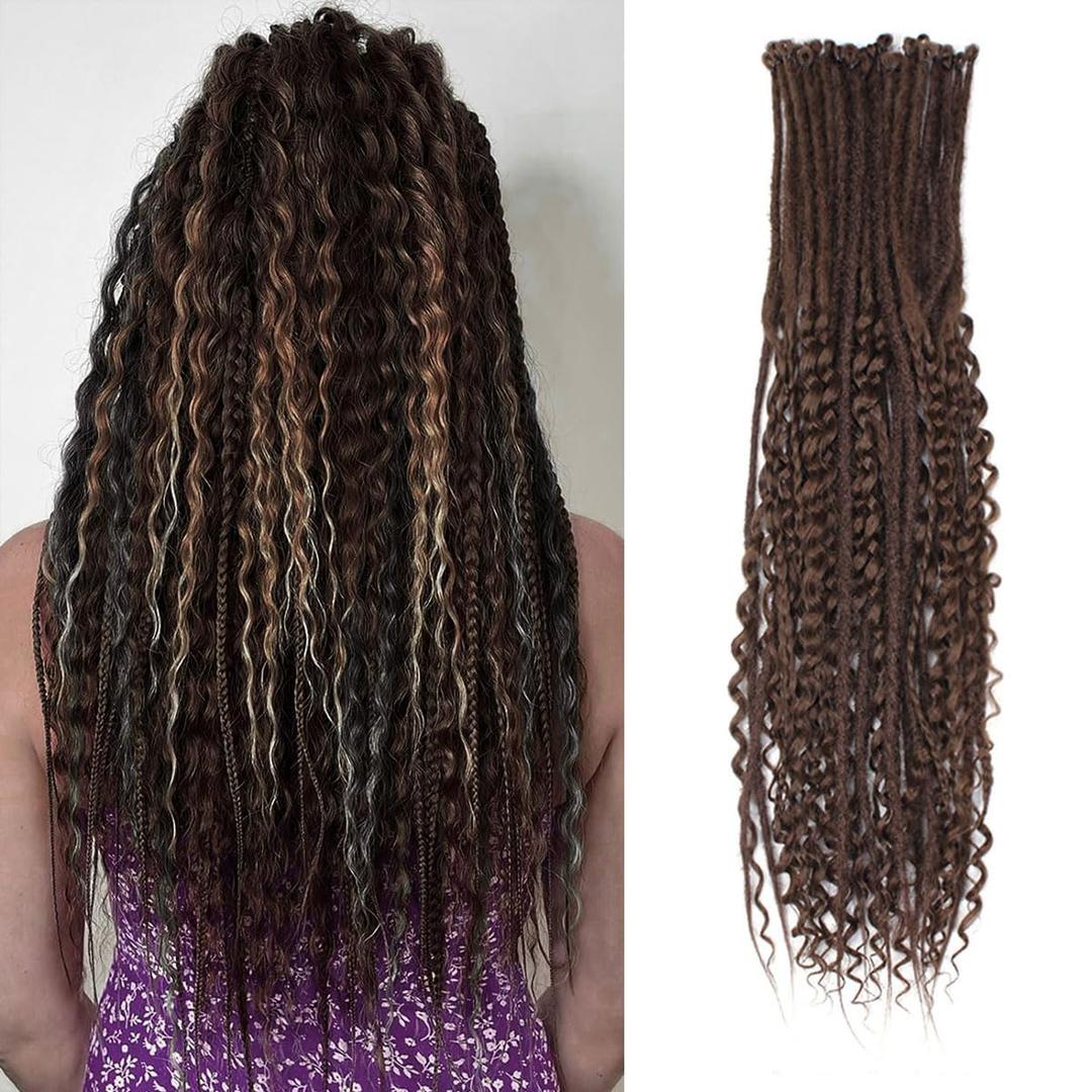 24 Inch 3 In 1 Dreadlock Extensions Sets, 30 Strands Mixed Chocolate Brown Synthetic SE Dreads Extensions, 100% Handmade Soft Single Ended Curly Boho Wavy Dreads for Girls (8#)