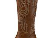 mysoft Women's Cowboy Boots Mid Calf Cowgirl Embroidered Western Pointed Toe Chunky Heel Pull On Knee High Boots (6.5, Brown)