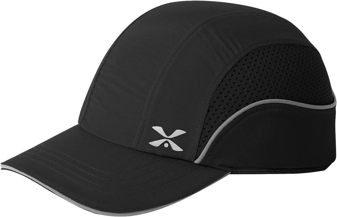 Lightweight Safety Bump Cap - Breathable Baseball Style Protective Hat with Reflective Stripes (Long Brim, Black)