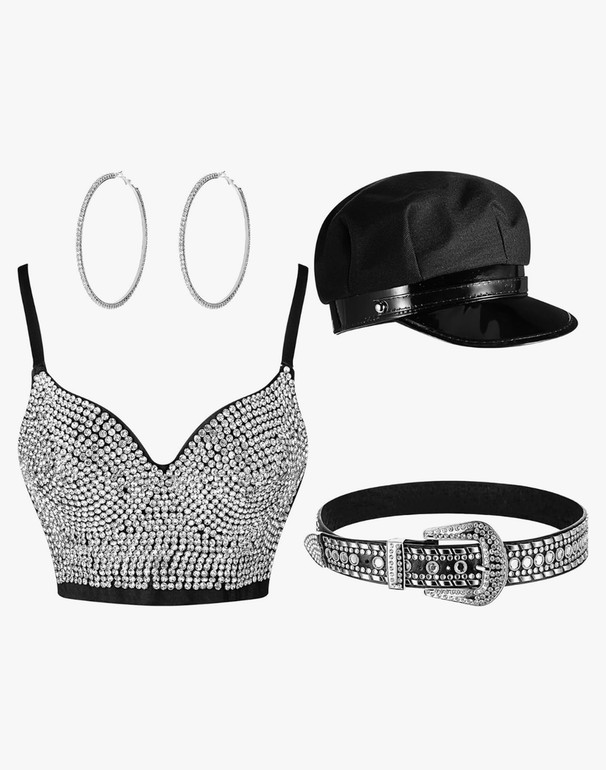4 Pcs Rhinestone Bustier Top Costume Women's Push up Crop Top Diamond Belt Chauffeur Hat Earrings Hoop