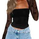 CSDAJIO Women's Going Out Tops Lace Long Sleeve Square Neck Crop Top Shirt Strapless Tube Top and Bolero Set M