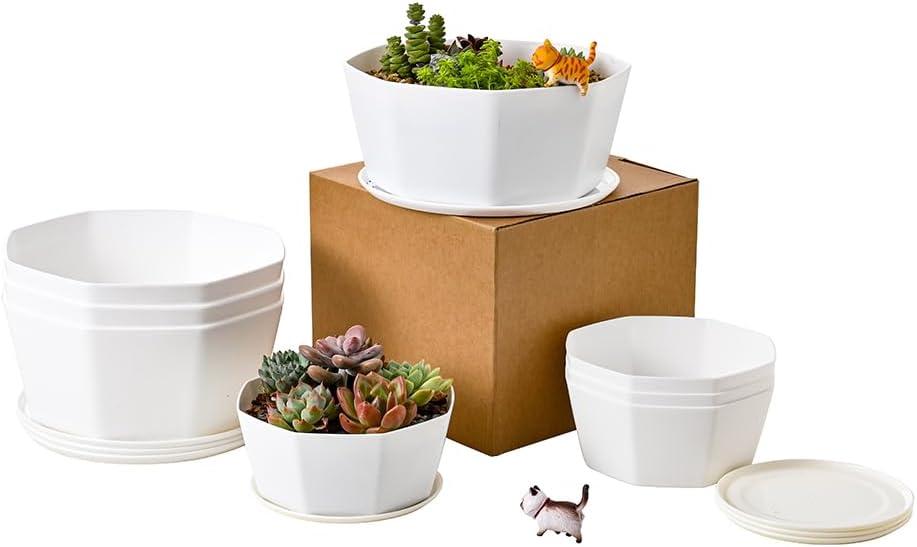 BangQiao 8 Pack 8.00 inch and 5.90 inch White Plastic Shallow Plant Pot, Octagon Bowl Planter Container with Pot Tray for Succulents, Cactus