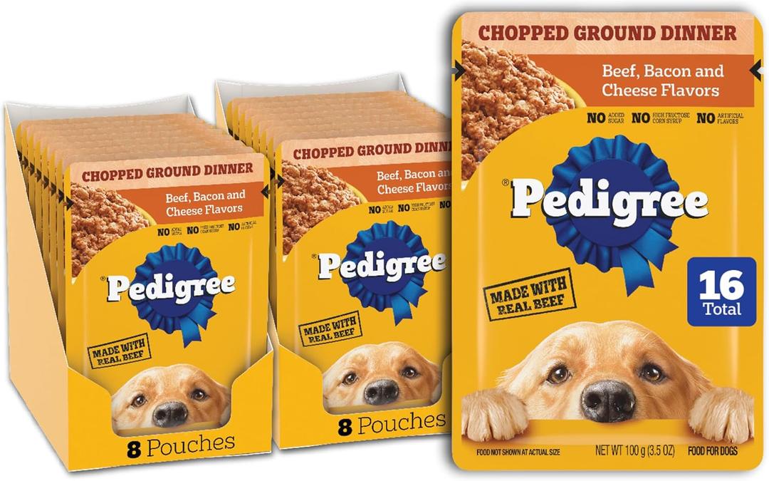 Pedigree Chopped Ground Dinner Adult Soft Wet Dog Food 16-Count Beef, Bacon and Cheese Flavors, 3.5 oz Pouches BB 12/2026