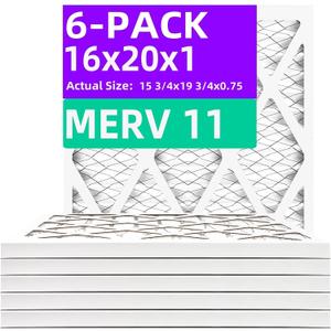 16x20x1 MERV 11 (6-Pack) Pleated Air Filter (Actual Size: 15.75x19.75x0.75") MPR 1200 & FPR 7, Furnace Air Filters