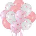 Gejoy Pink Bow Party 24 Pack 12" Balloons with 200 Pcs Bow Pink White Balloons Decor for Coquette Birthday Bachelorette Baby Shower Wedding Party Supplies