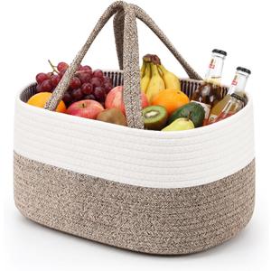 Cotton Rope Picnic Basket with Handle 15 x 10 x 6.7 Inches Portable Woven Basket with Waterproof Liner Boho Handwoven Tote Storage Bag for Fruit Wine Picnics Beach Home Storage Gift