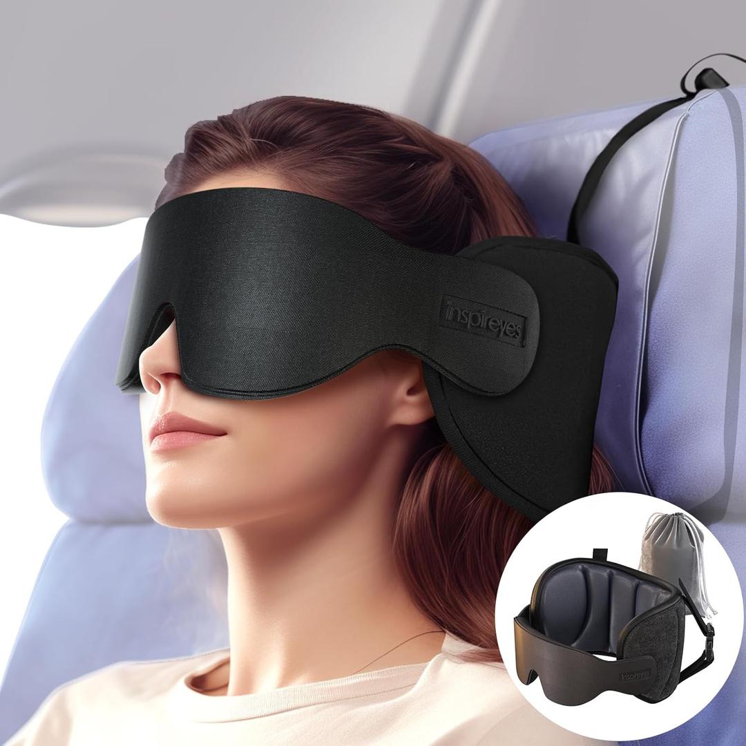 Travel Pillows for Airplanes, 360 Head Support for Long Flight, Soft Airplane Pillow with 3D Eye Mask for Sleeping, Stop Bobblehead, Airplane Headrest Gadgets, Light Black
