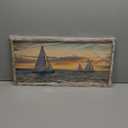 Coastal Framed Wooden Wall Art: Ocean Painting Art Sail Boats Artwork Decor Sunset Seascape Picture Prints for Bedroom 24"x12"