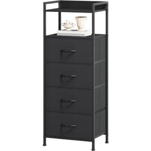 Somdot Night Stand with 4 Drawers, Vertical Storage Tower Fabric Dresser for Bedroom, Nightstand Bedside Table Furniture, Sturdy Steel Frame, Wooden Top & Easy Pull Fabric Bins, Black