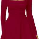 Kaximil Women's Square Neck Ruffle Hem Mini Dress Ruched Waist Long Sleeve Corset Short Party Dresses (Medium, Wine Red)
