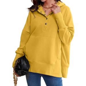 AlvaQ Womens Oversized Sweatshirts Hoodies Fleece Button Neck Hooded Tops Casual Pullover Tunics Winter Outfits 2025 (Yellow, S)