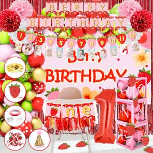 177pcs Berry First Birthday Decor, 1st Birthday Decorations Girl with Balloon Arch Kit, Baby Boxes, Paper Pom Poms, Fringe Curtains, Cake Copper