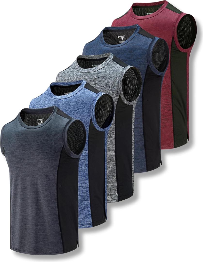 Liberty Imports Pack of 5 Men's Stretch Cool Dry Muscle Tank Tops Athletic Crewneck Sleeveless Workout Shirts (Small, Gray/Navy/Black/Maroon/Light Blue)