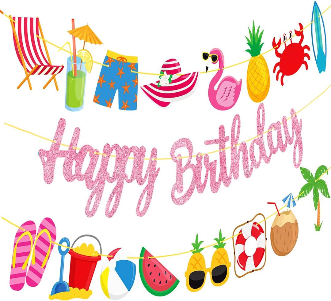 Beach Happy Birthday Banner Hawaiian Birthday Decorations 3Pcs Pink Beach Pool Party Banners Summer Birthday Decoration for Summer Holiday Baby Shower Party Supplies