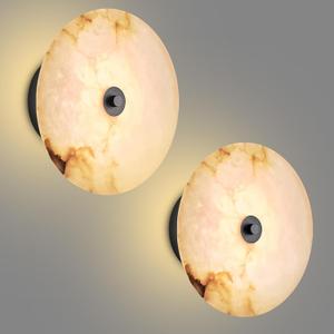 Round Alabaster Wall Sconce Natural Marble Sconces Set of Two, 3 CCT Adjustable Wall Lamp Decor Home, 8W Hardwired Circular Wall Lights for Bedroom, Stairs, Living Room, Bedside, Hallway (Black) (2-Pack)