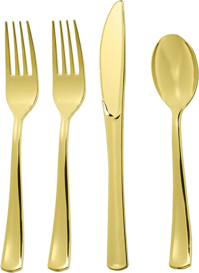 160pcs Gold Plastic Silverware Set, include 80 Forks, 40 Knives and 40 Spoons, Disposable Heavy Duty Plastic Cutlery Set for Party, Wedding, Birthday, Catering, Dinner