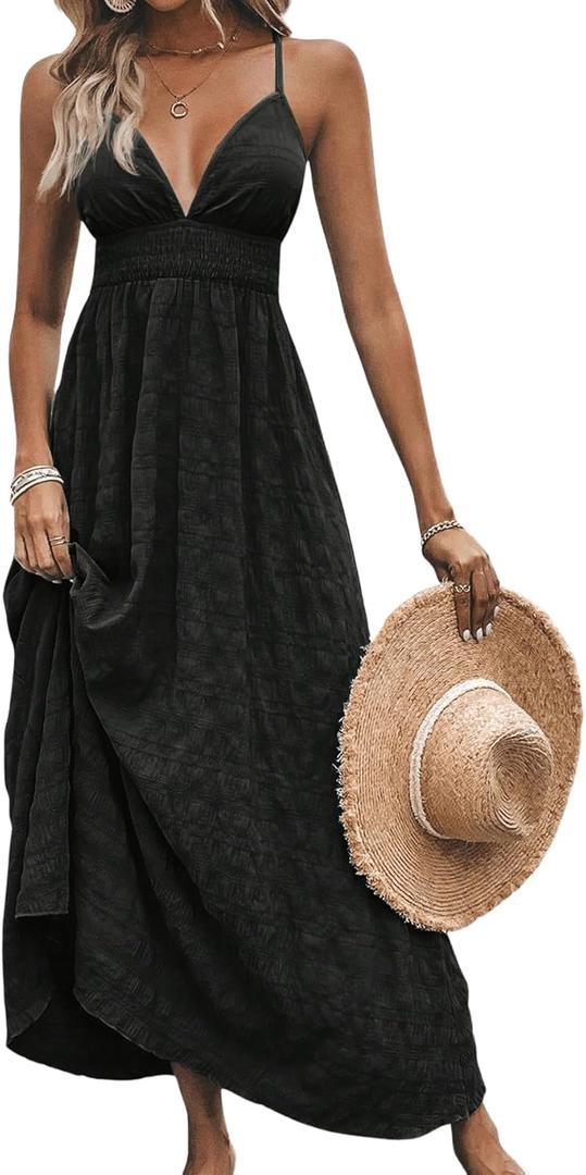 Milumia Women's Summer Smocked Cami Maxi Dress Boho V Neck Spaghetti Strap A Line Flowy Beach Long Sundress, Large